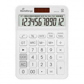 MediaRange Calculator with tax function, 12-digit LCD, solar and battery powered, white (MROS191)