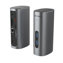 VENTION Type-C to HDMI/VGA/USB 3.1 Gen 2/USB 3.1 Gen 2-C/USB 3.0x2/RJ45/SD/TF/TRRS 3.5mm/PD 100W/DC 10W Docking Station Gray Ver