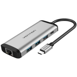 VENTION Type-C to USB 3.0x3/Gigabit Ethernet/PD 87W Docking Station 0.15M Gray Metal Type (TGDHB) (VENTGDHB)