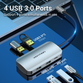 VENTION Type-C to USB 3.0x4/PD 100W Hub 0.15M Gray Aluminum Alloy Type (TNBHB) (VENTNBHB)