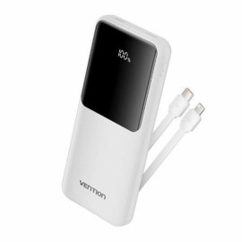 VENTION 10.000mAh Power Bank (Micro-USB + USB-C + USB-A + USB-A) with Built-In Type-C and Lightning Cables 22.5W White Led Displ