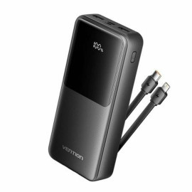 VENTION 20.000mAh Power Bank (Micro-USB + USB-C + USB-A + USB-A) with Built-In Type-C and Lightning Cables 22.5W Black Led Displ