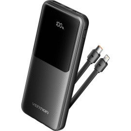 VENTION 10.000mAh Power Bank (Micro-USB + USB-C + USB-A + USB-A) with Built-In Type-C and Lightning Cables 22.5W Black Led Displ